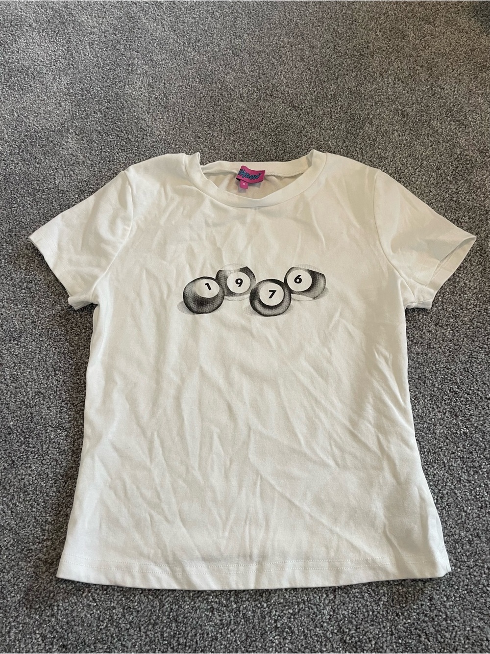 Adiktd White Short Sleeve Tee with Black 1976 Billiard Ball Graphic